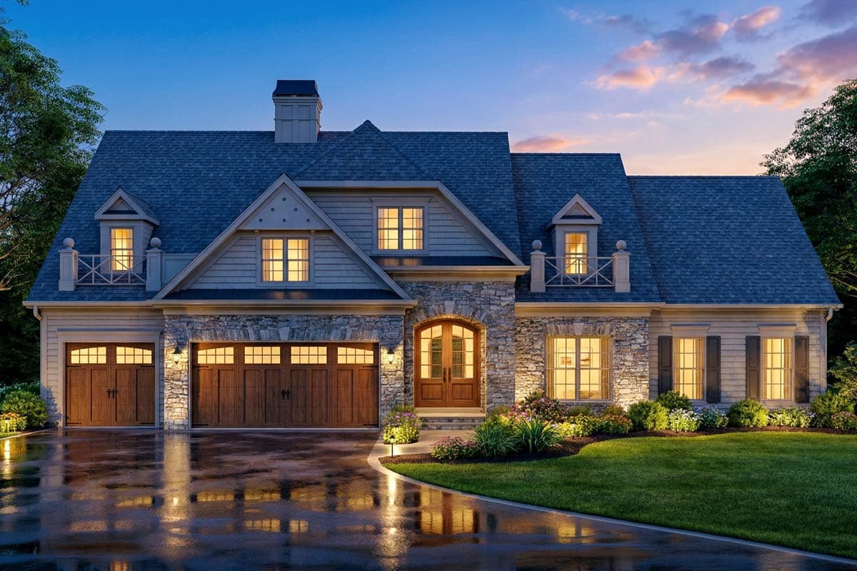 European Traditional House Plan with Dual Master Suites and 3-Car Garage — exterior