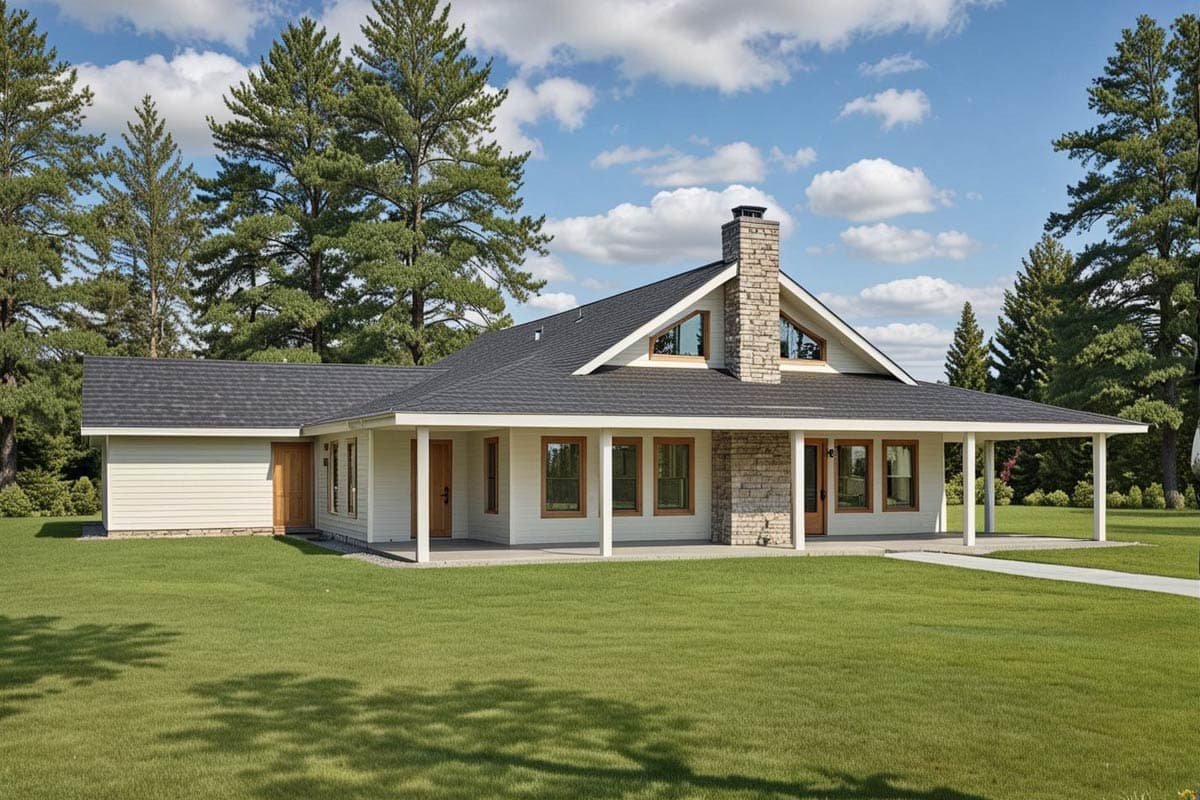 Craftsman Mountain Ranch House Plan with Two Bedrooms and Wrap-Around Porch — exterior
