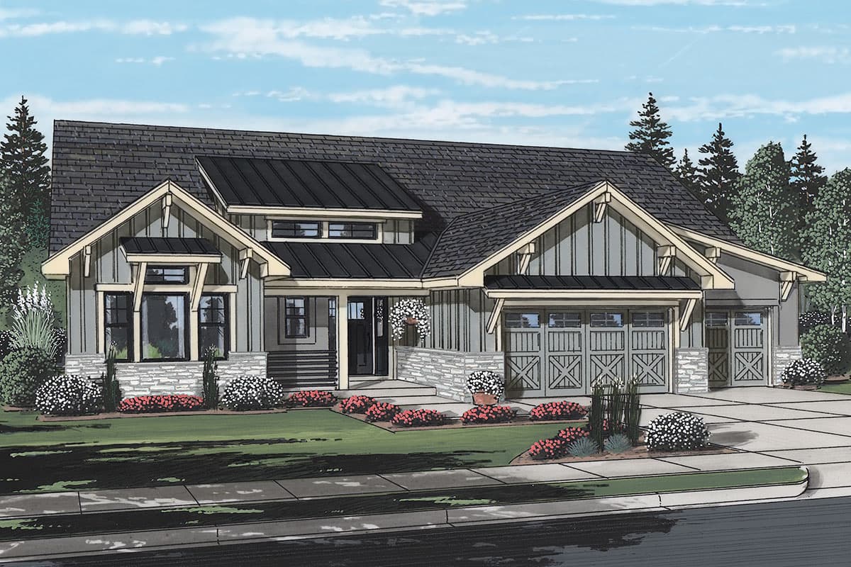 Craftsman House Plan with Flexible Bedroom Options and Outdoor Fireplace — exterior