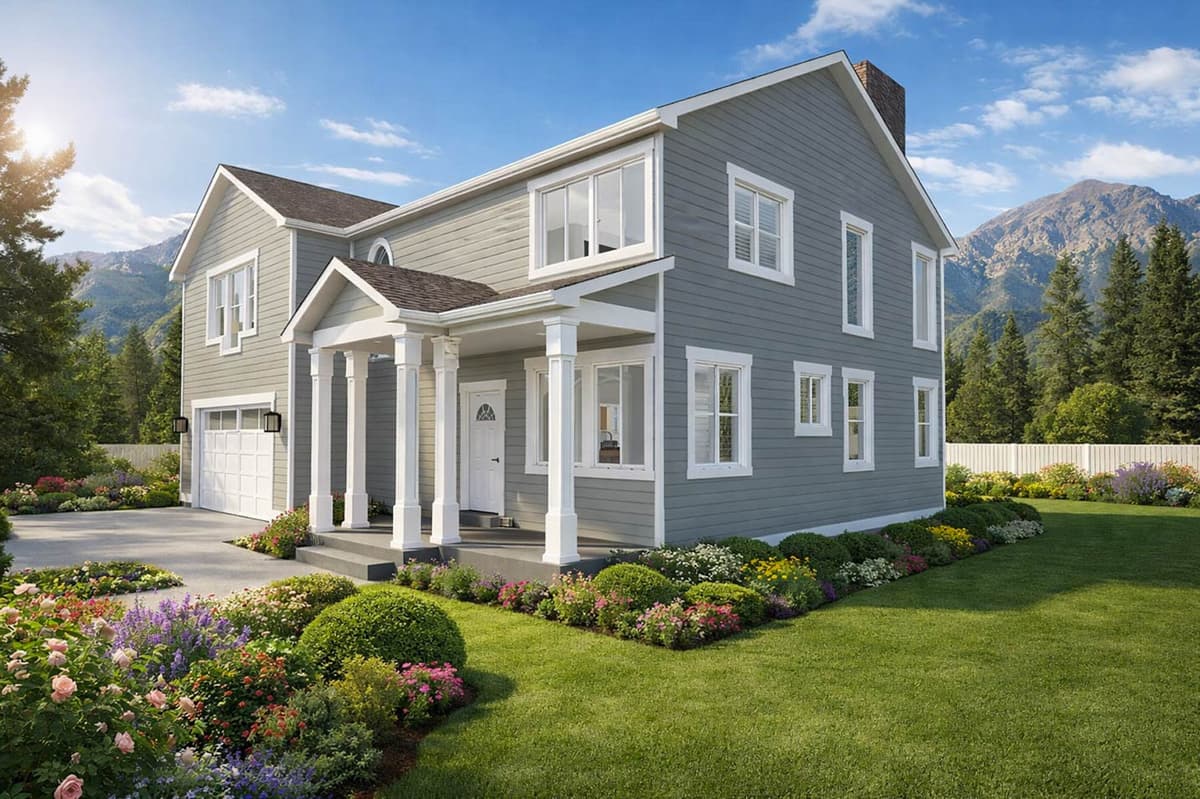 Traditional House Plan with Three Bedrooms and a Two-Story Great Room — exterior