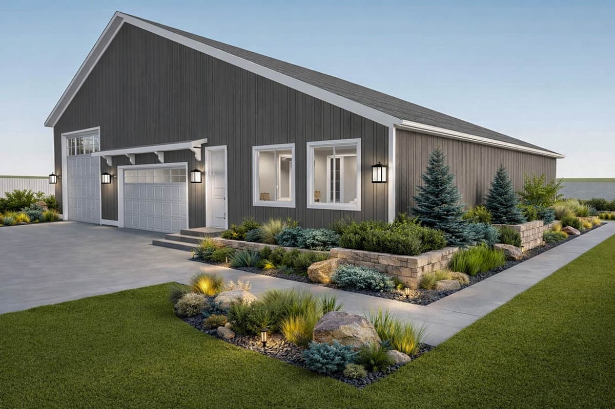 Barndominium House Plan with 2 Beds, 2 Baths, and Large Garage — exterior