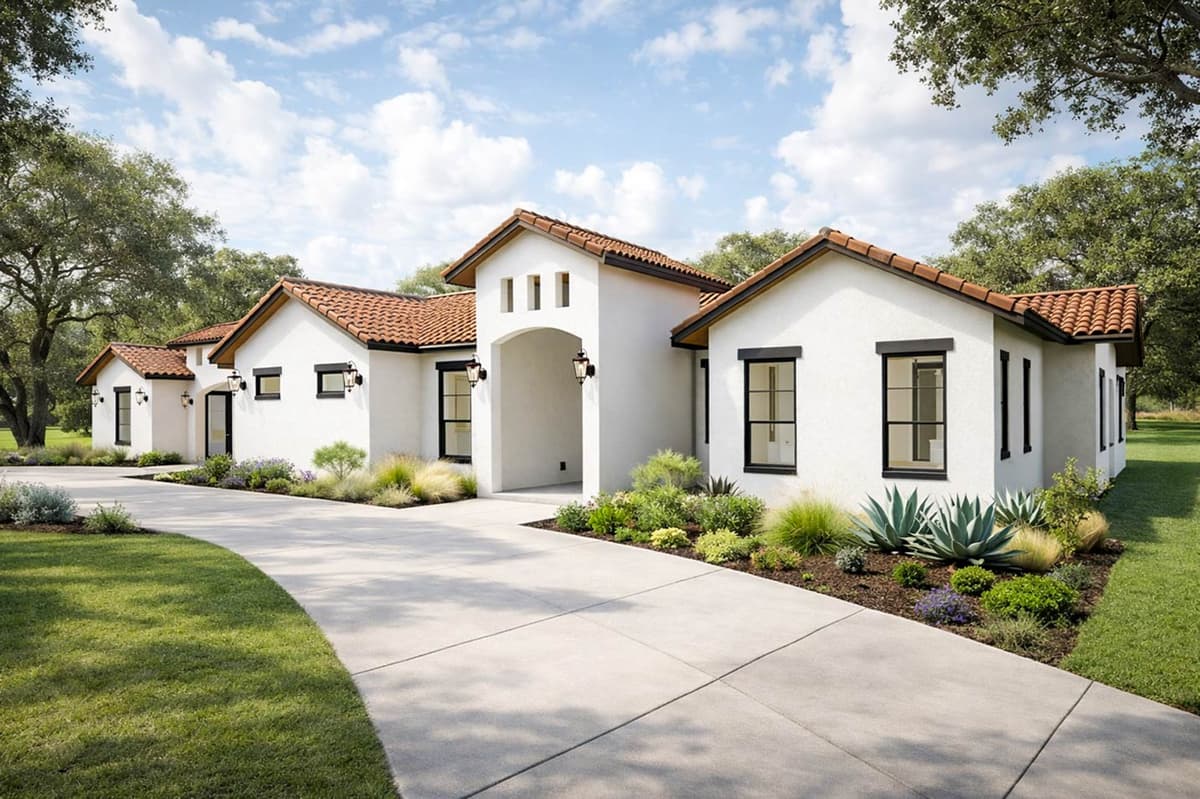 Mediterranean Spanish House Plan with 4 Beds and Large Workshop — exterior