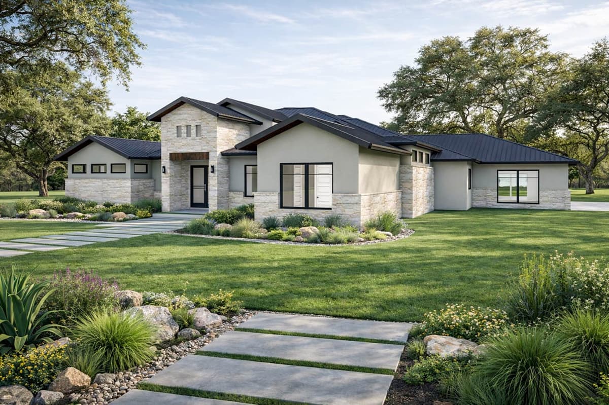 Contemporary Hill Country House Plan with 3-4 Beds and Two-Story Great Room — exterior