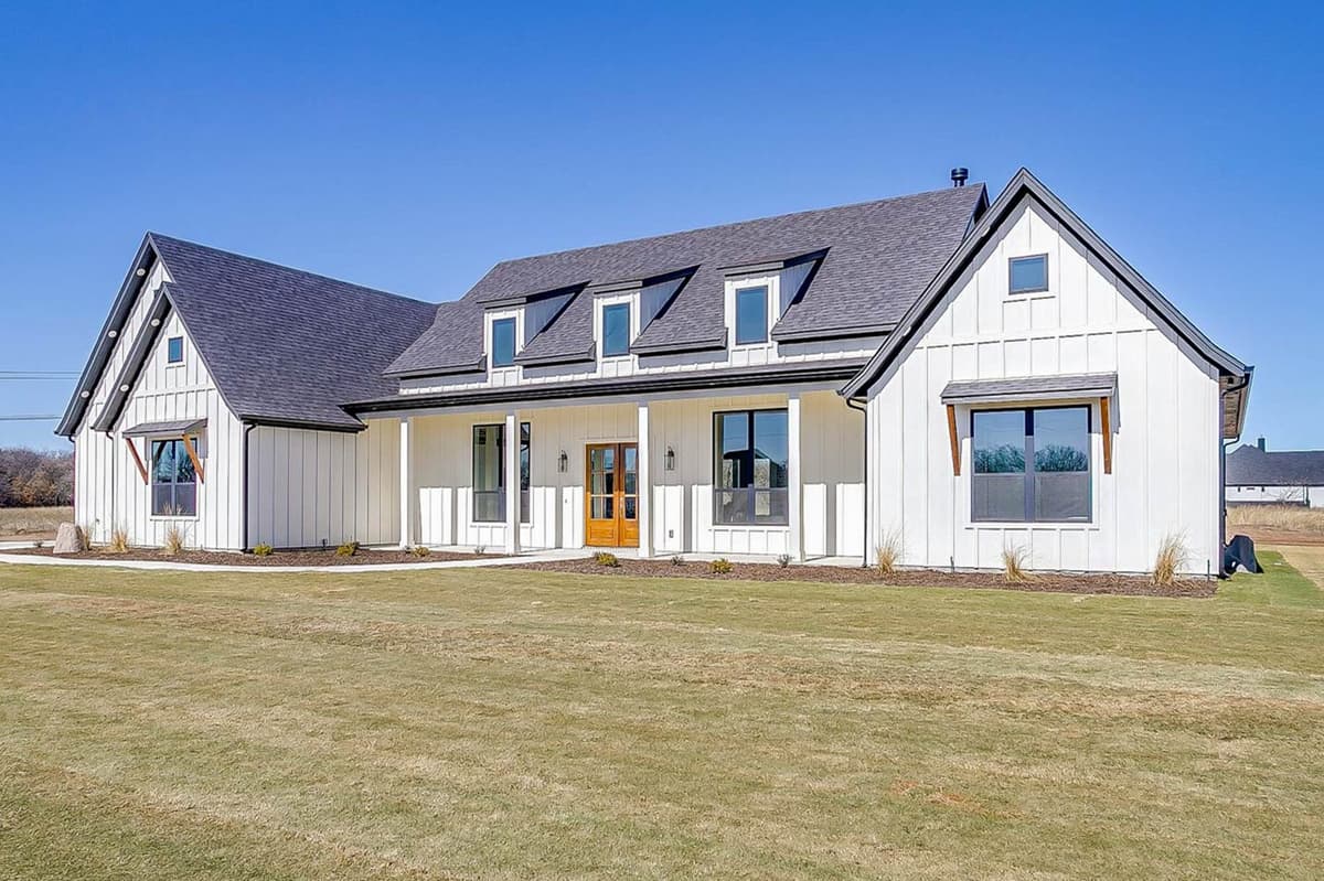 Modern Farmhouse Plan with 4 Bedrooms and Outdoor Kitchen — exterior