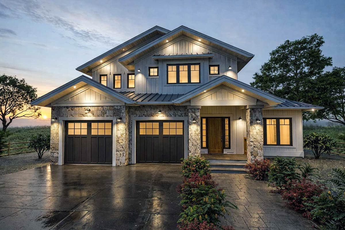 Spacious Modern Farmhouse House Plan with 3 Beds Den and 2 Car Garage — exterior