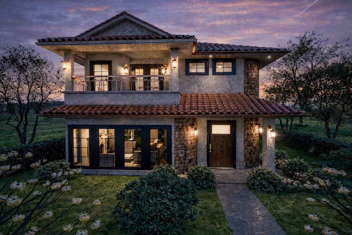 2 Bedroom Mediterranean House Plan with Upstairs Balcony — exterior