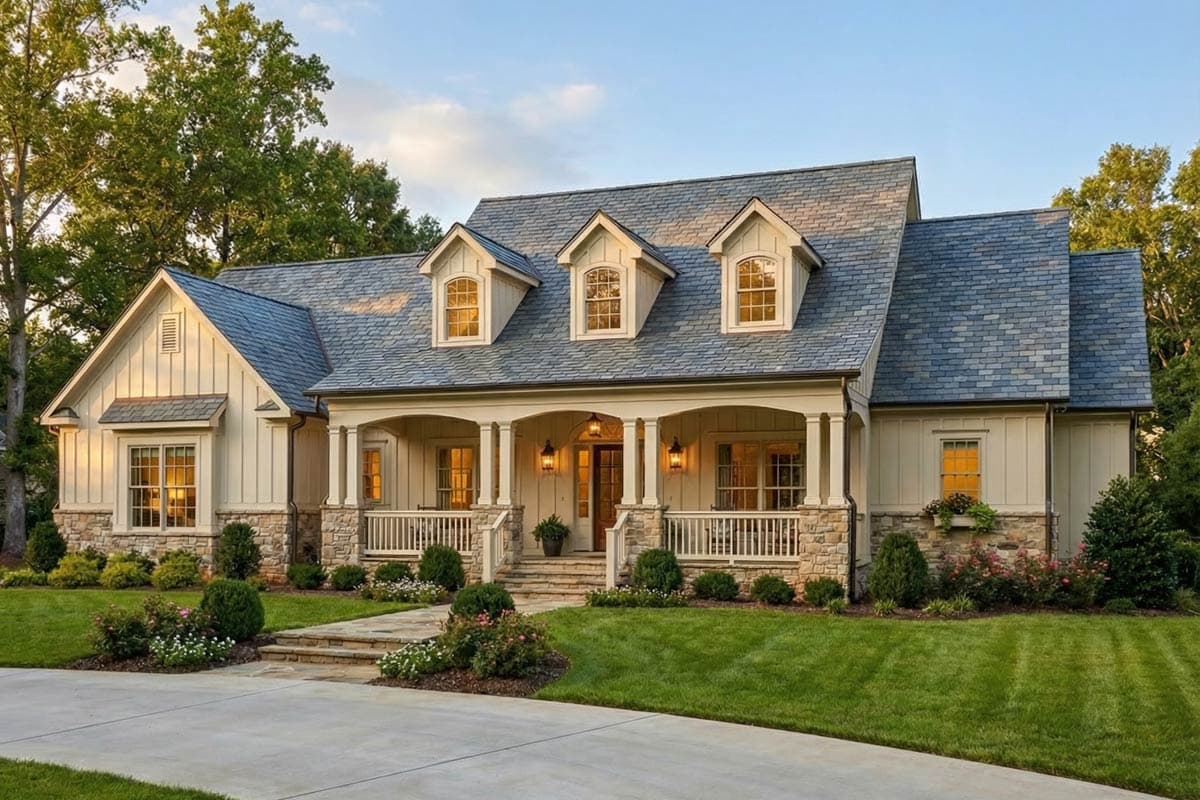 Modern Farmhouse House Plan with 4 Bedrooms and Main Level Master Suite — exterior