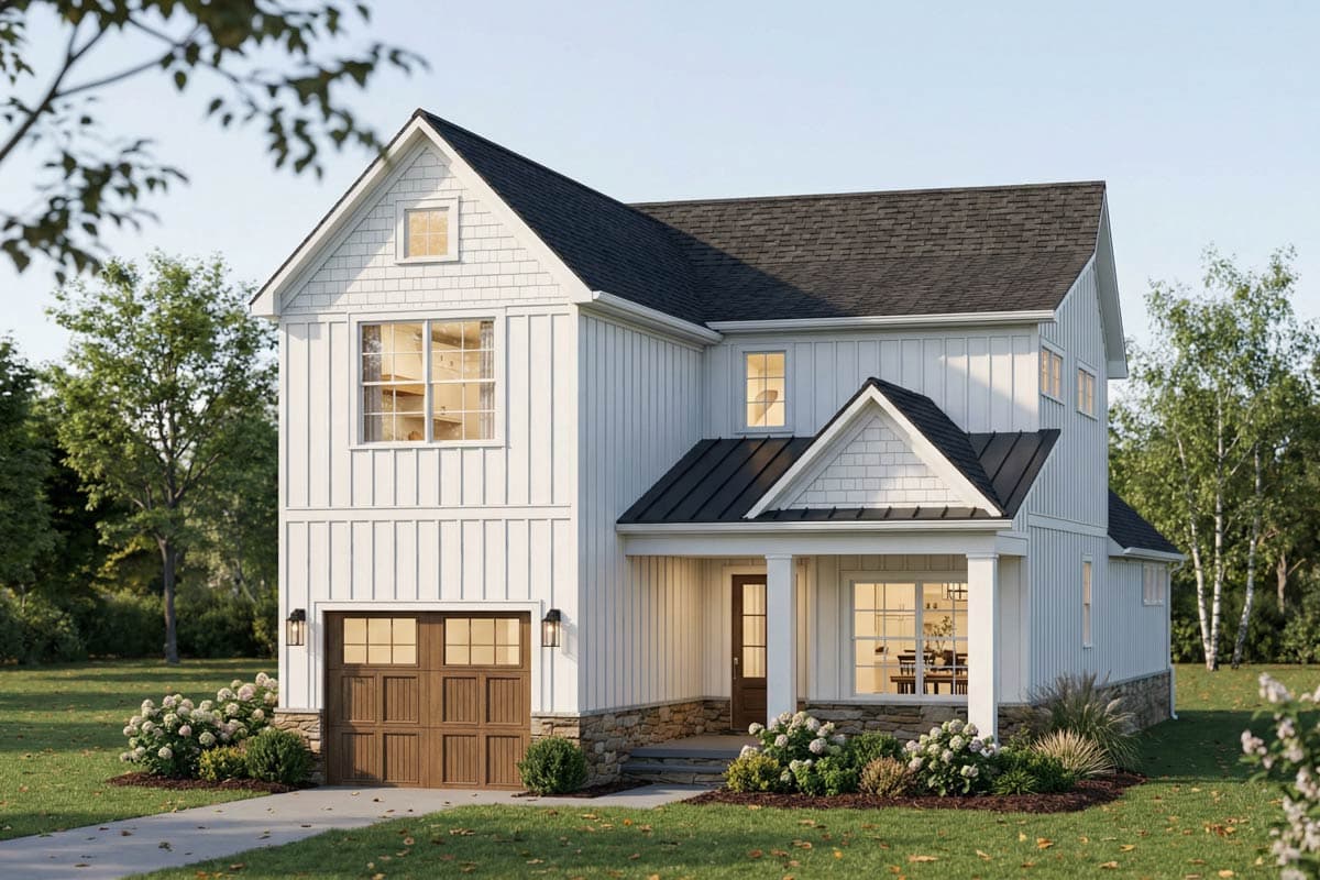 Modern Farmhouse House Plan with Loft, Bonus Room, and Rear Porch — exterior