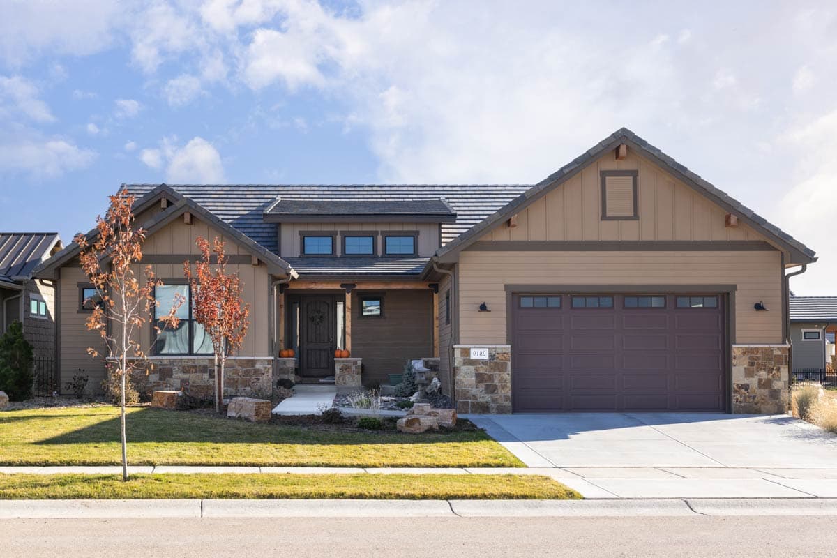 Craftsman Mountain House Plan with Two or Three Bedrooms and Three Car Garage — exterior