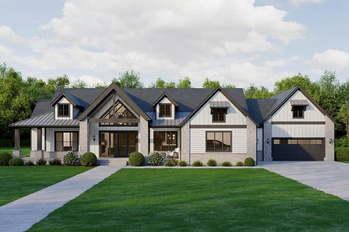 Mountain Craftsman House Plan with Split Bedrooms and 3-Car Garage — exterior