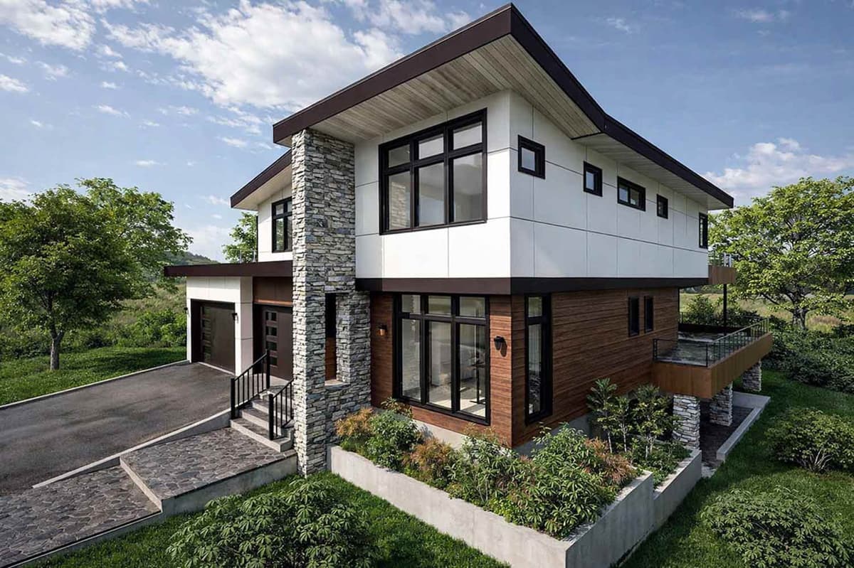 Modern 3-Bedroom House Plan Featuring a Dramatic Two-Story Great Room — exterior