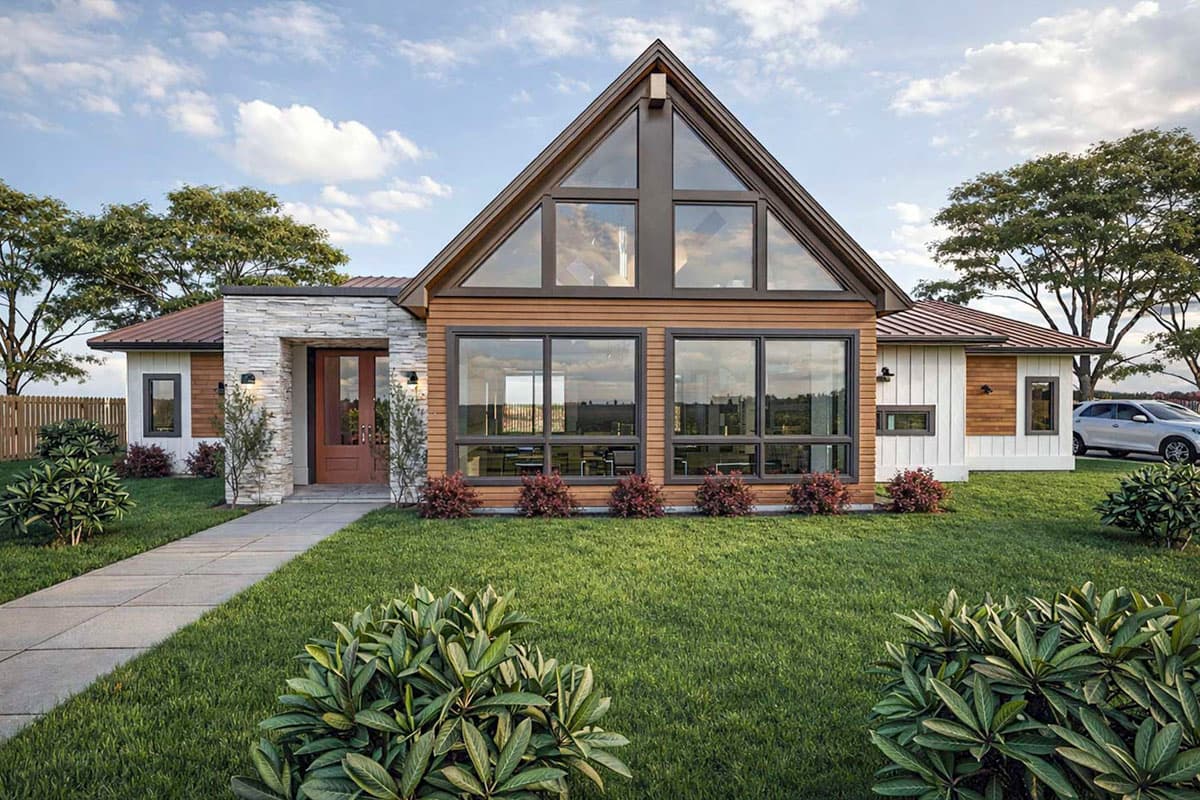 Striking Contemporary House Plan with A-Frame Glass Gable and Open-Concept Great Room — exterior