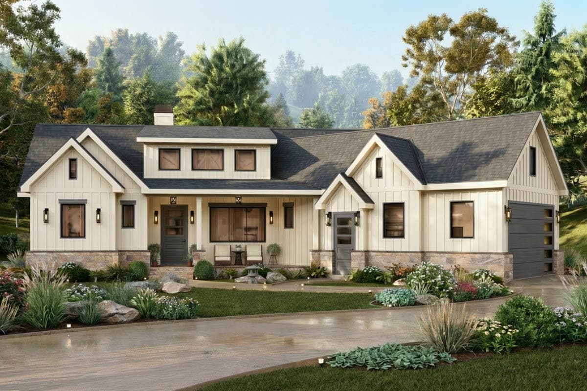 Contemporary New American House Plan with Split Bedrooms and Covered Porches — exterior
