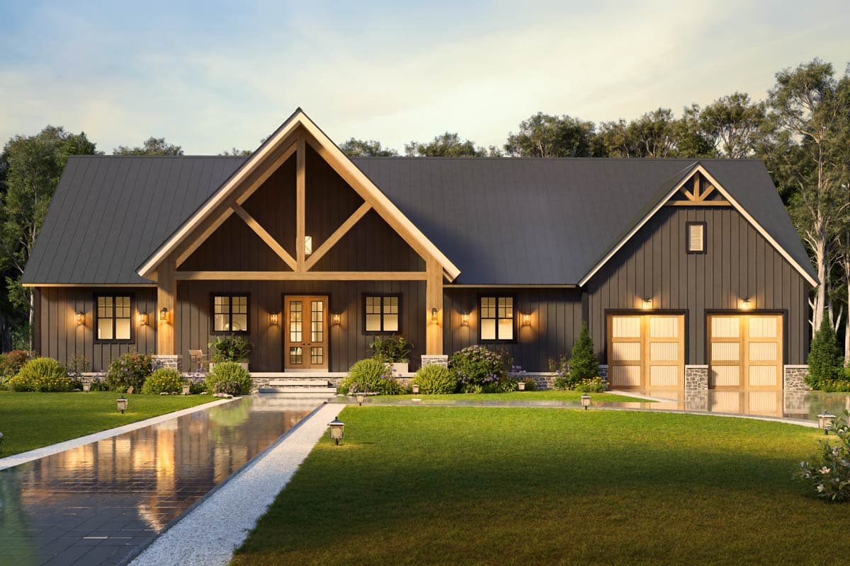 Modern Farmhouse House Plan with 3 Bedrooms and Two-Story Great Room — exterior