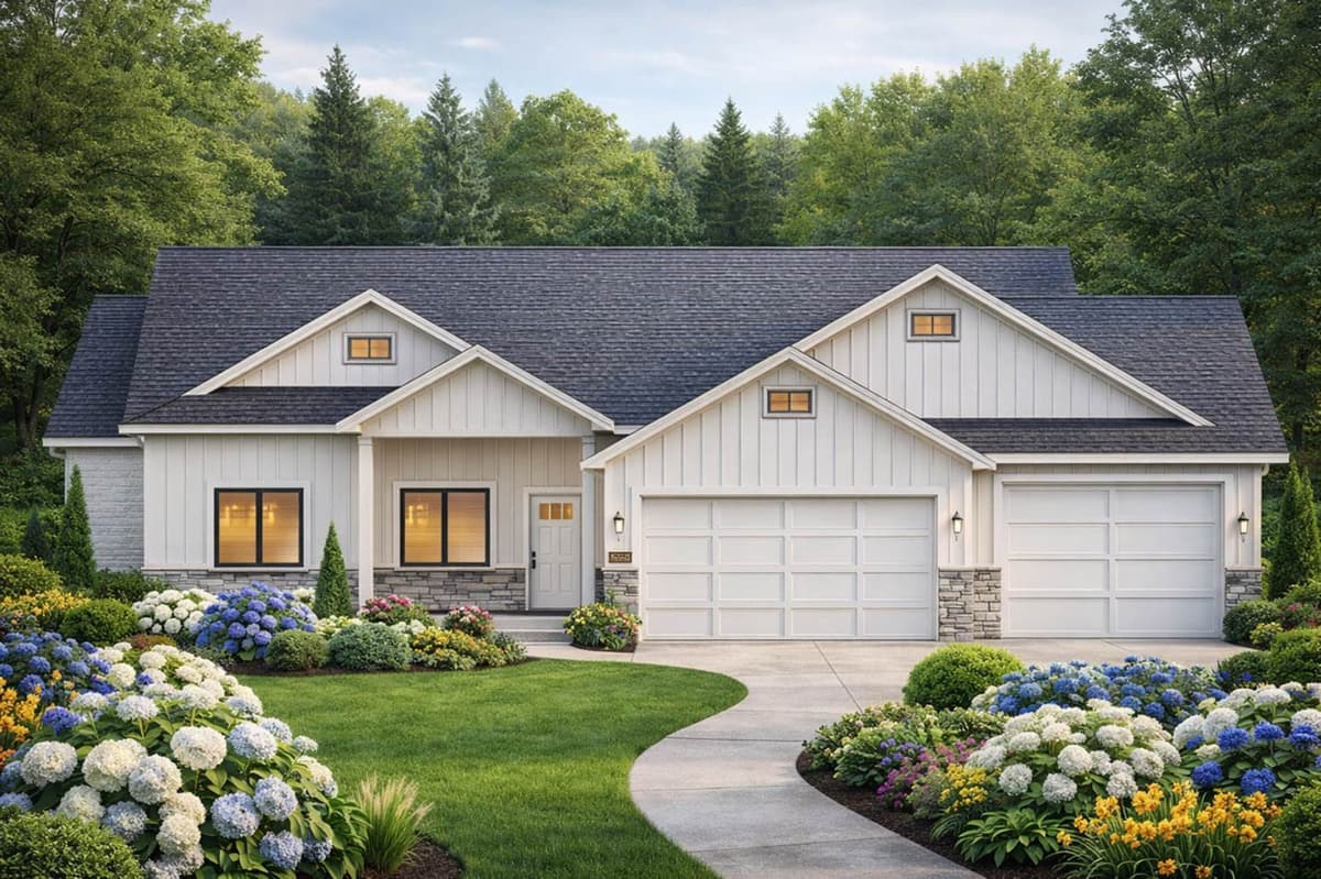 Modern Farmhouse House Plan with 3-Car Garage and Main Level Master — exterior
