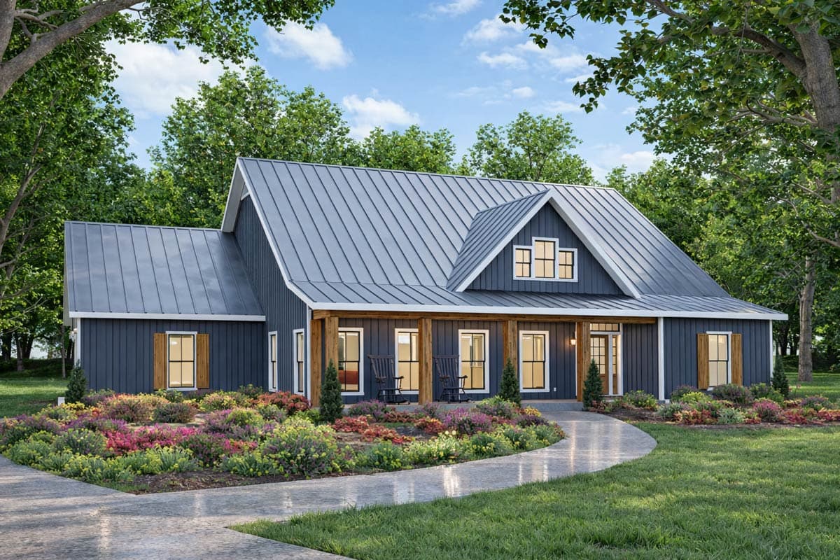 Modern Farmhouse House Plan with 3 Bedrooms and Two-Story Great Room — exterior
