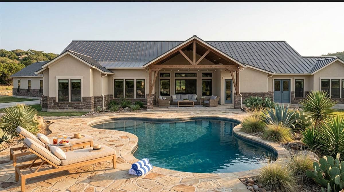 Hill Country House Plan with Split Bedrooms and Outdoor Kitchen — exterior