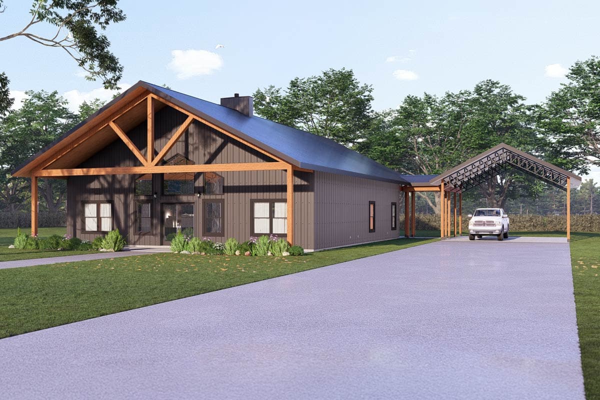Modern Barndominium House Plan with 3 Beds and 2-Car Carport — exterior