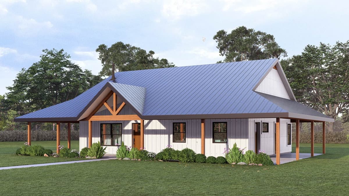 Barndominium House Plan with Wrap Around Porch and Vaulted Living — exterior