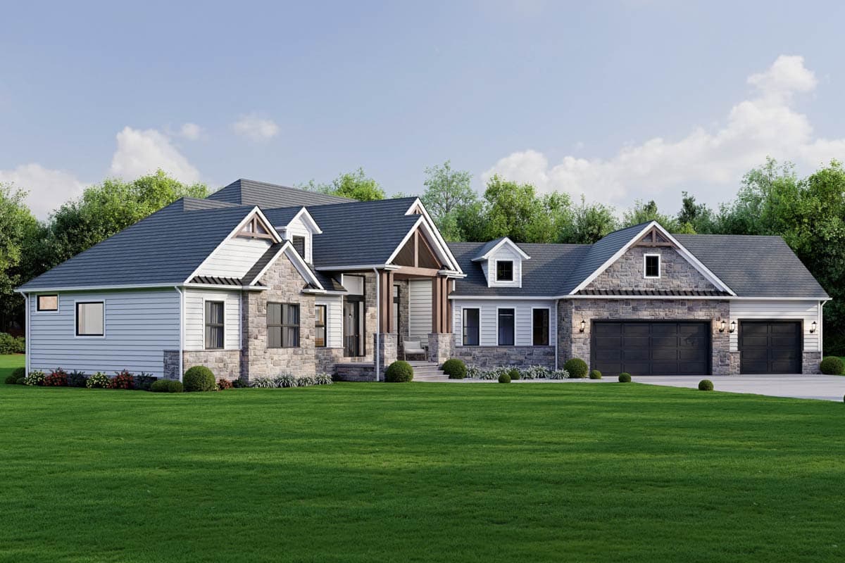 Modern Farmhouse House Plan with Split Bedrooms and 3-Car Garage — exterior