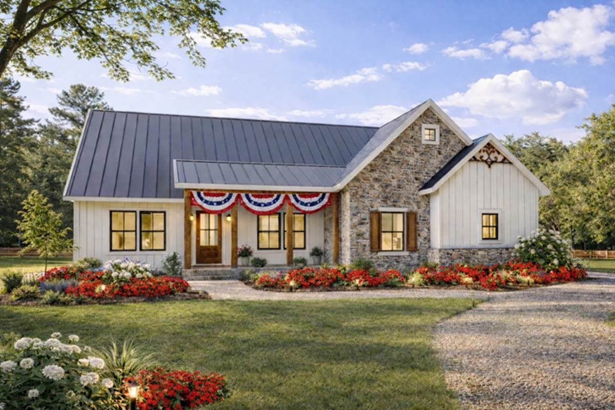 Modern Farmhouse House Plan with 3 Beds and 2-Car Garage — exterior