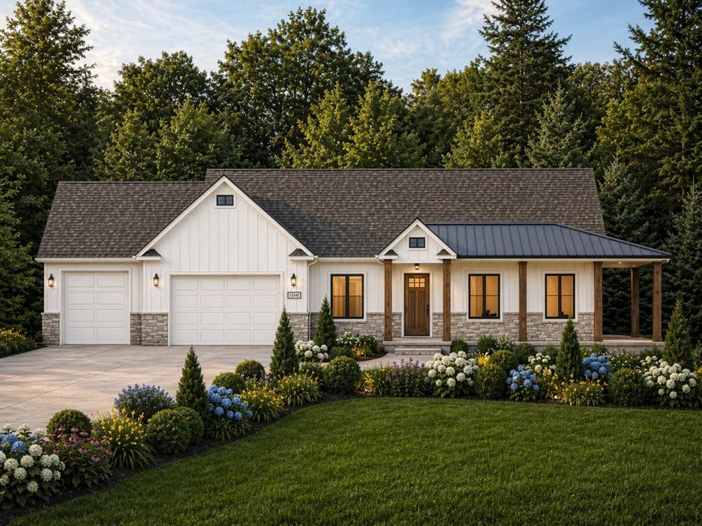 Modern Farmhouse Ranch Plan with 3-Car Garage and Office — exterior