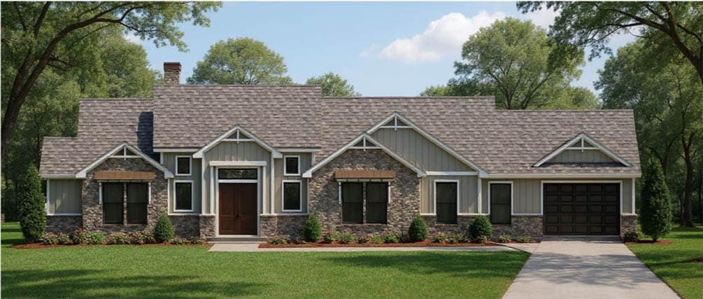 Craftsman Ranch House Plan with Office and Boat Garage — exterior