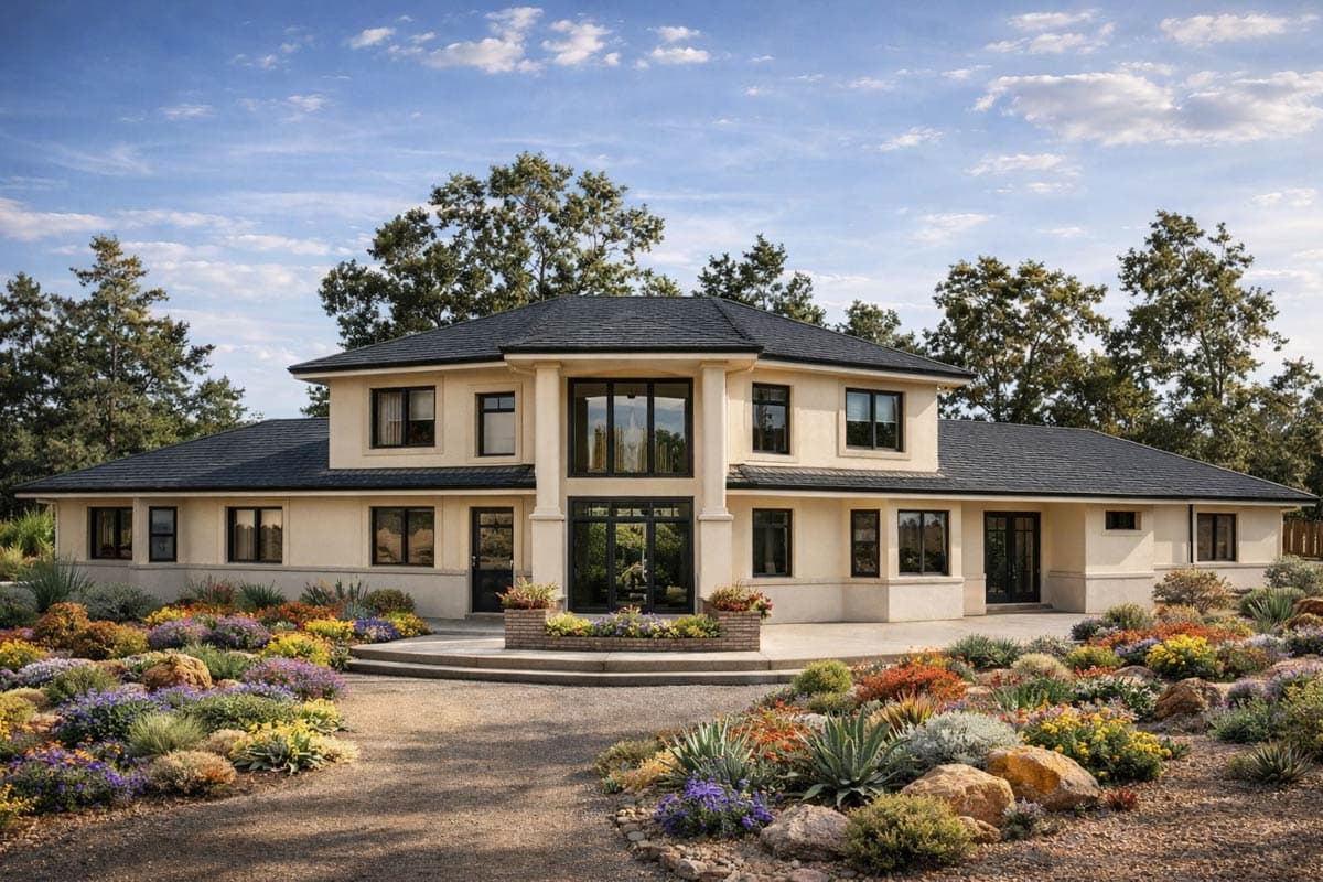 Contemporary Mediterranean House Plan with 4 Bedrooms and Two-Story Great Room — exterior