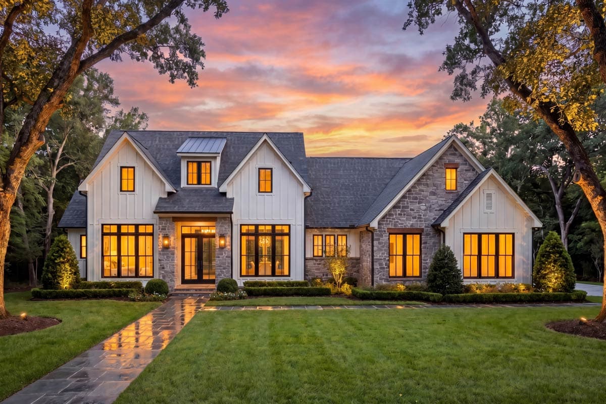 Modern Transitional House Plan with Split Bedrooms and Outdoor Kitchen — exterior