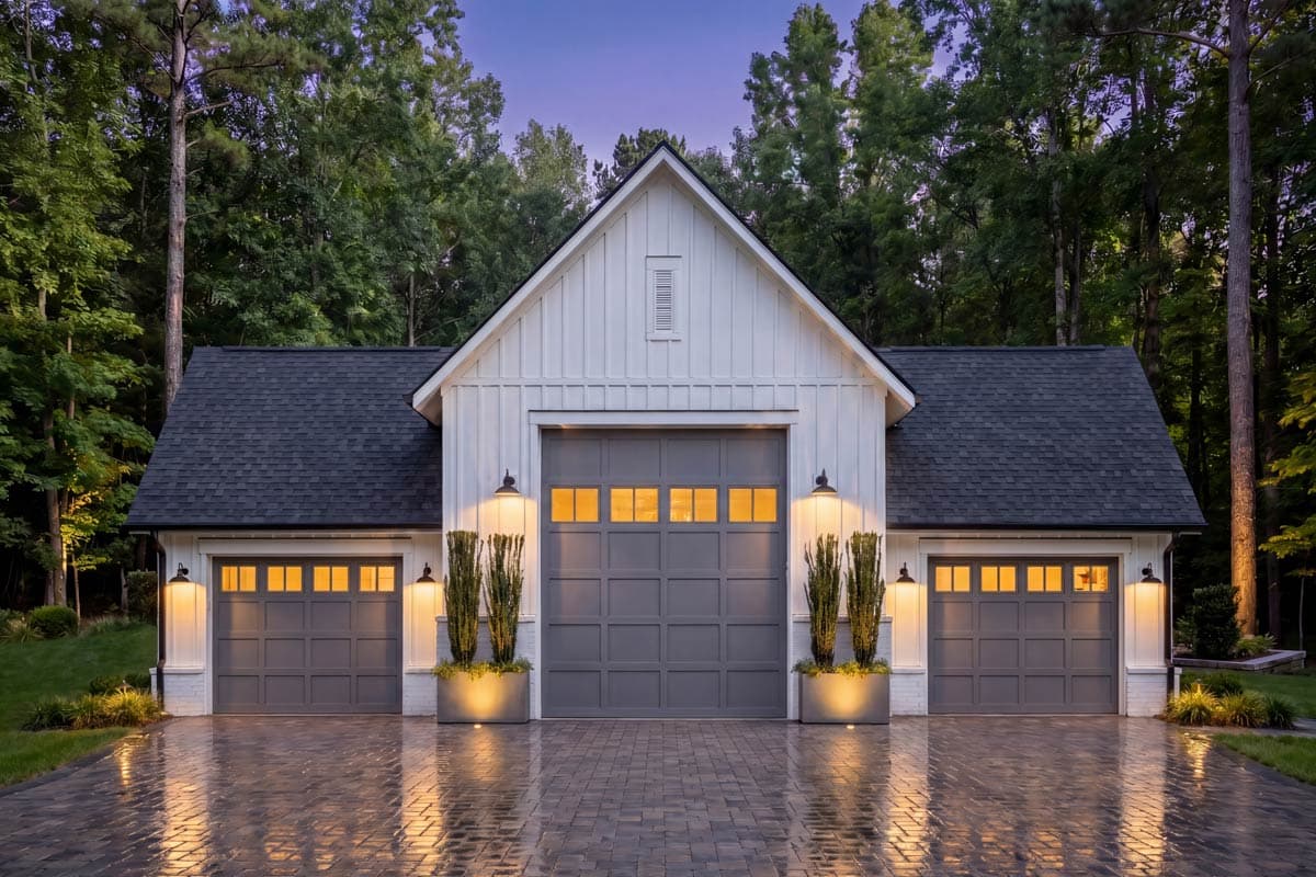 Modern Farmhouse RV Garage Plan with 3-Car Bay and 10-Foot Ceilings — exterior