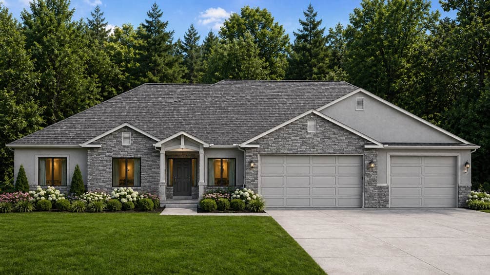 Craftsman Ranch House Plan with 3-4 Car Garage and Flexible Layout — exterior