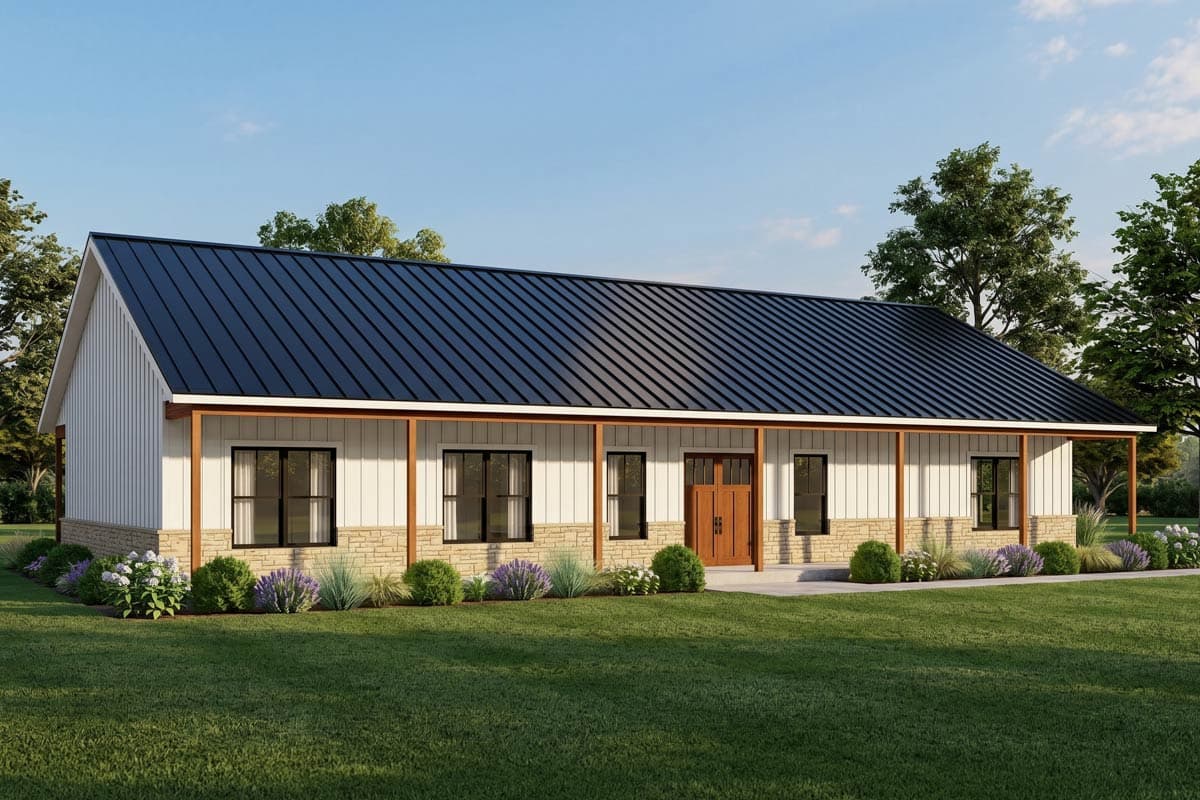 Barndominium Farmhouse House Plan with 4 Beds and 2-Car Garage — exterior