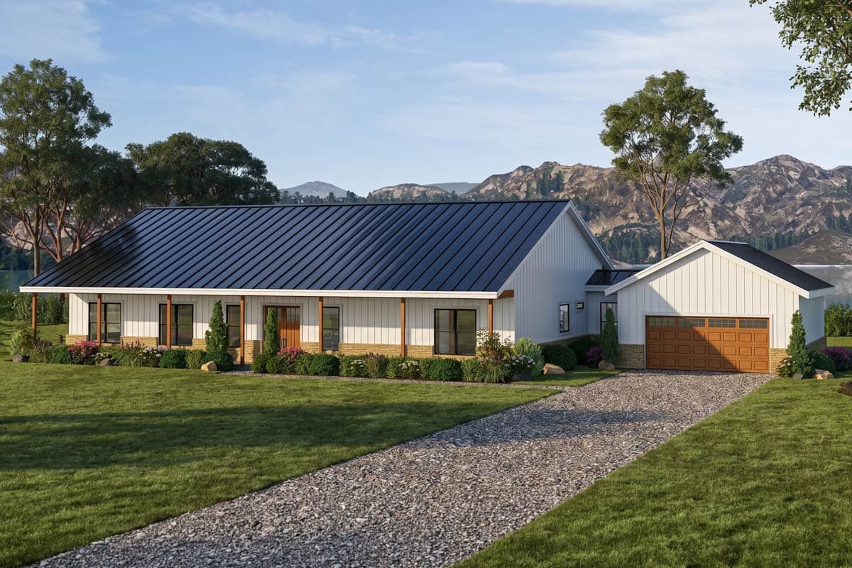 Spacious 4-Bedroom Barndominium Farmhouse House Plan with Covered Porches — exterior