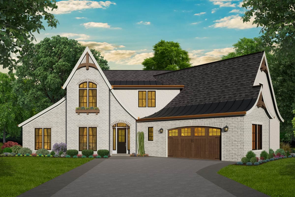 European Stone House Plan with 4 Bedrooms and Angled Garage — exterior