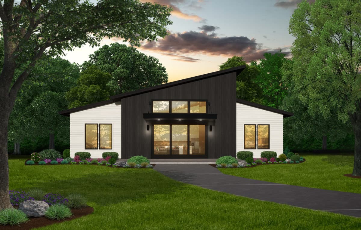 Contemporary Mountain Ranch House Plan with Workshop and 3-Car Garage — exterior