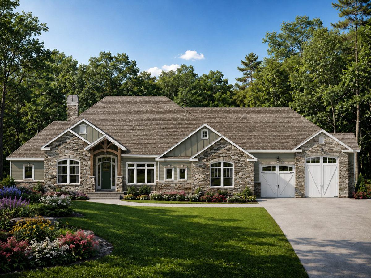 Grand Farmhouse House Plan with 4 Bedrooms, 5-Car Garage, and Walkout — exterior