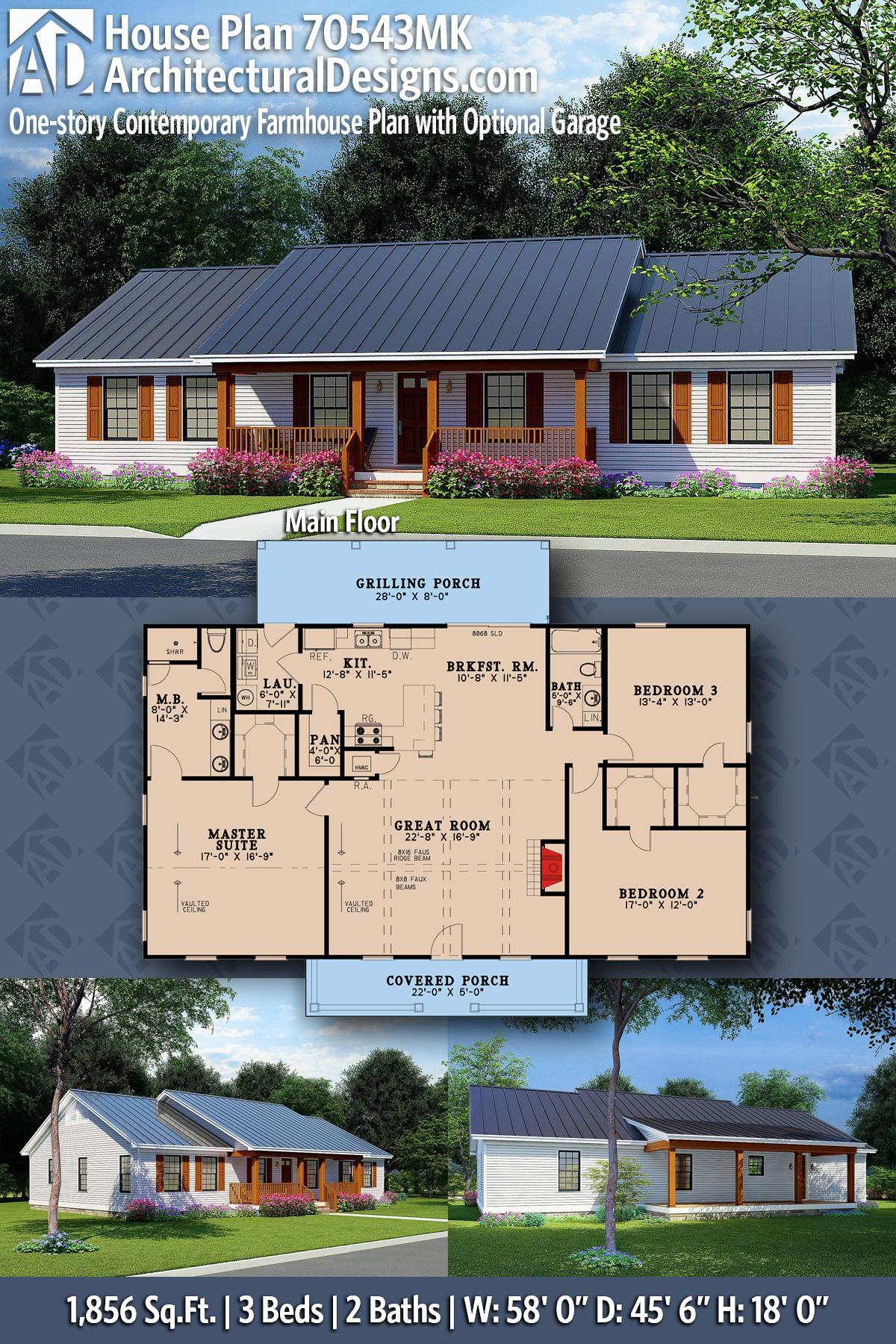 One-Story Contemporary Farmhouse Plan with Optional Garage — exterior