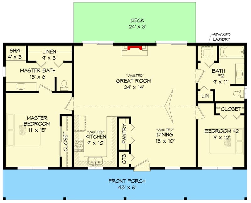 Simple Country Home Plan from Full Width Front Porch — exterior