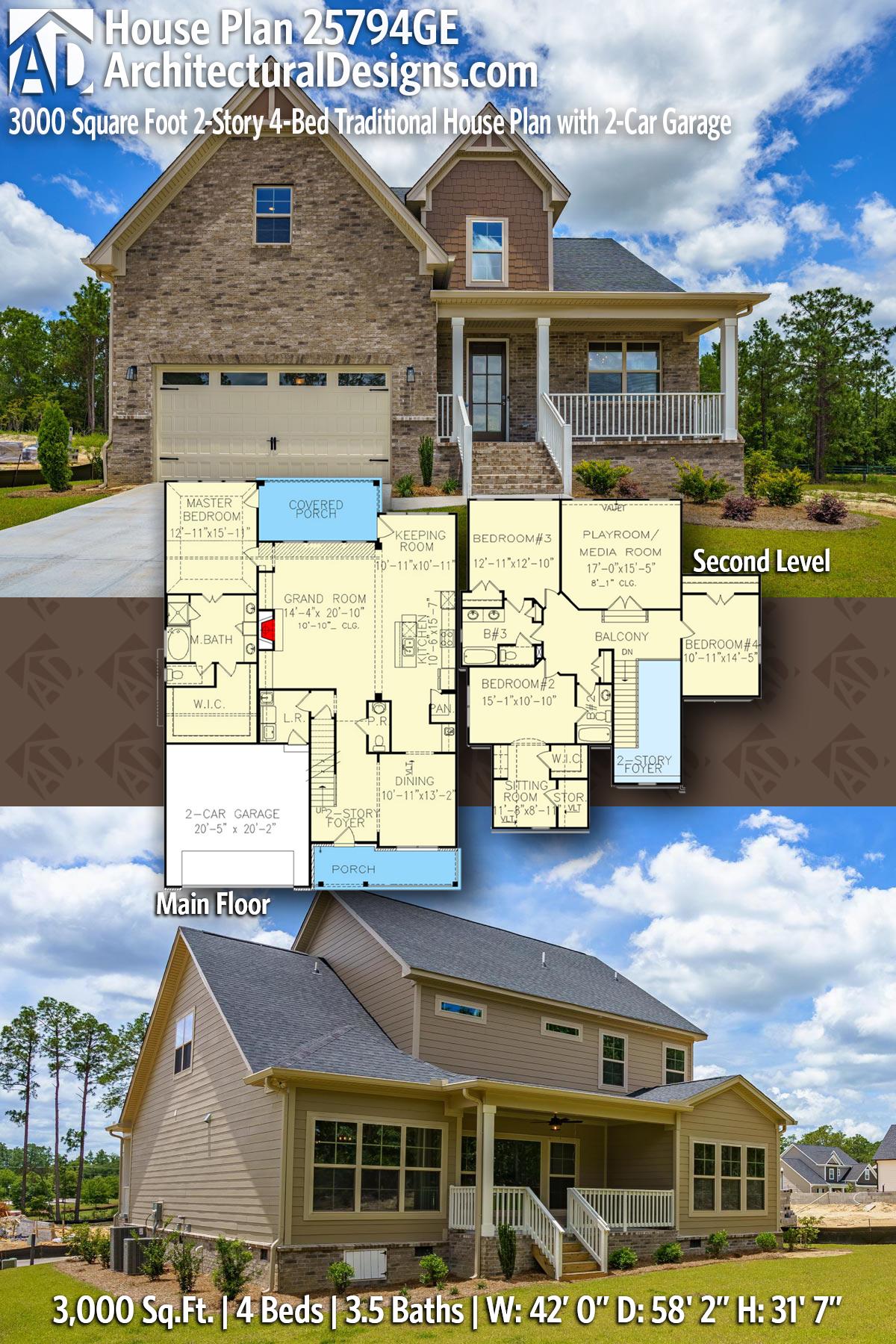 3000 Square Foot 2-Story 4-Bed Traditional House Plan with 2-Car Garage — exterior