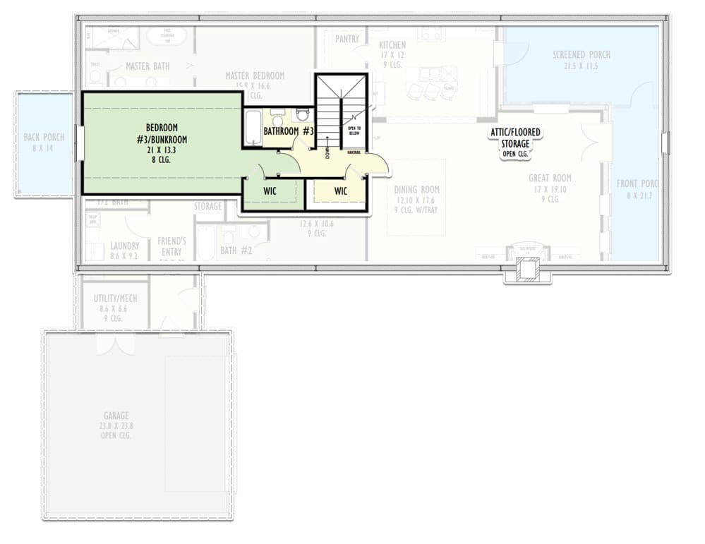 Rustic House Plan Under 3000 Square Feet with Upstairs Flex Room — exterior