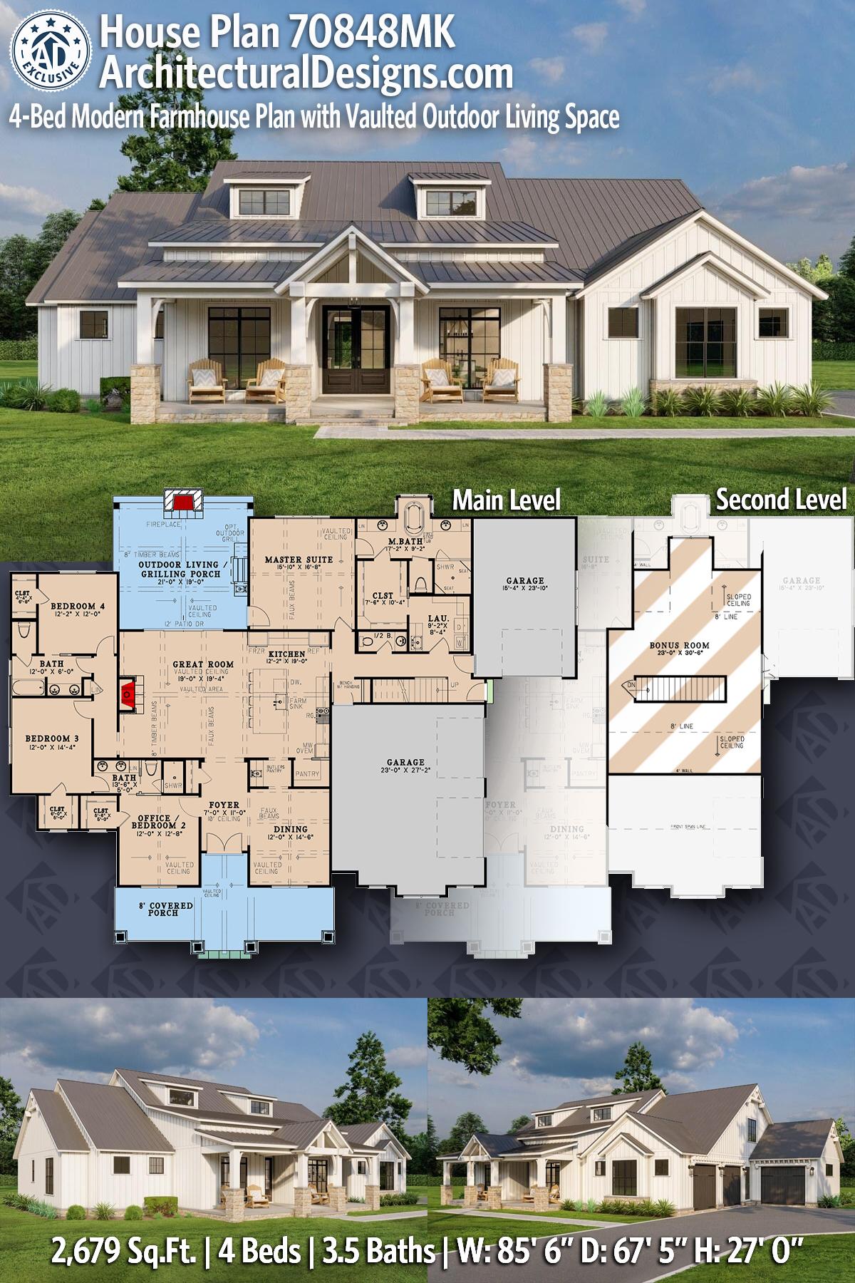 4-Bed Modern Farmhouse Plan Under 2700 Square Feet with Vaulted Outdoor Living Space — exterior