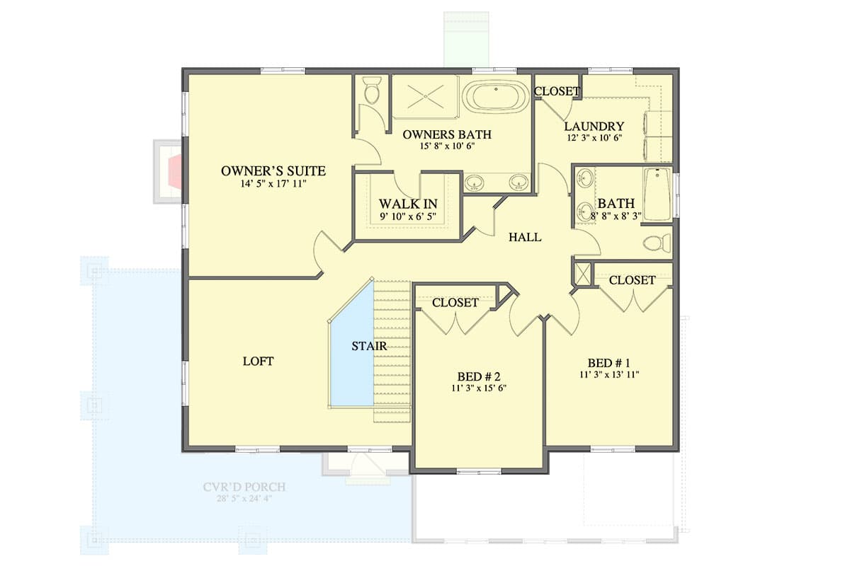 Two-Story Traditional Home Plan with Family Room and Upstairs Loft Above — exterior