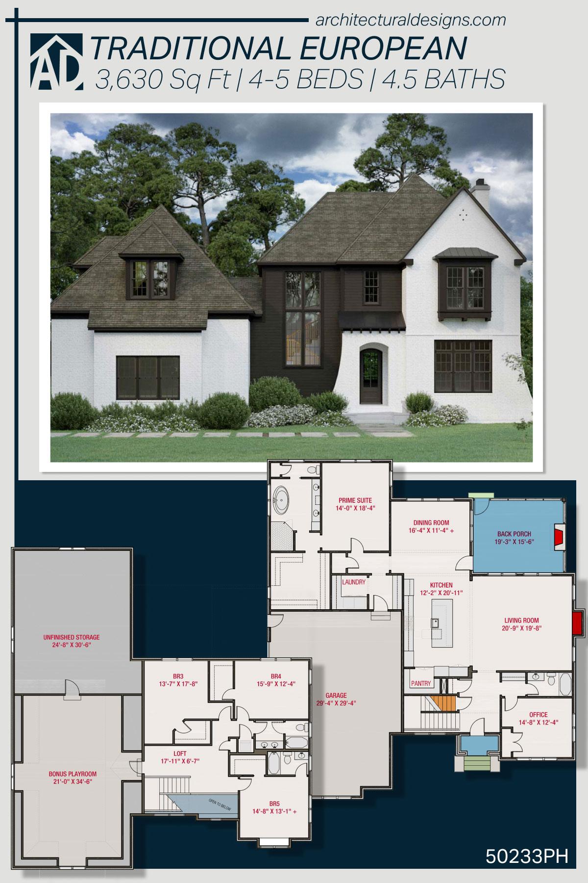 Transitional European Home Plan with Second Floor Play Room — exterior