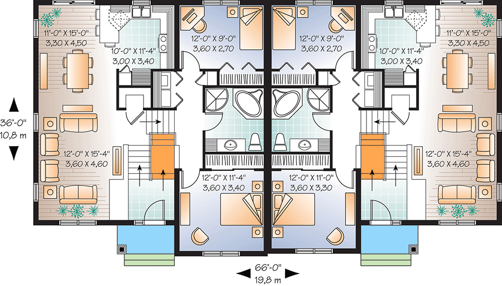 Plan 21773DR: Duplex House Plan with 1749 Square Foot 3 Bed Units ...
