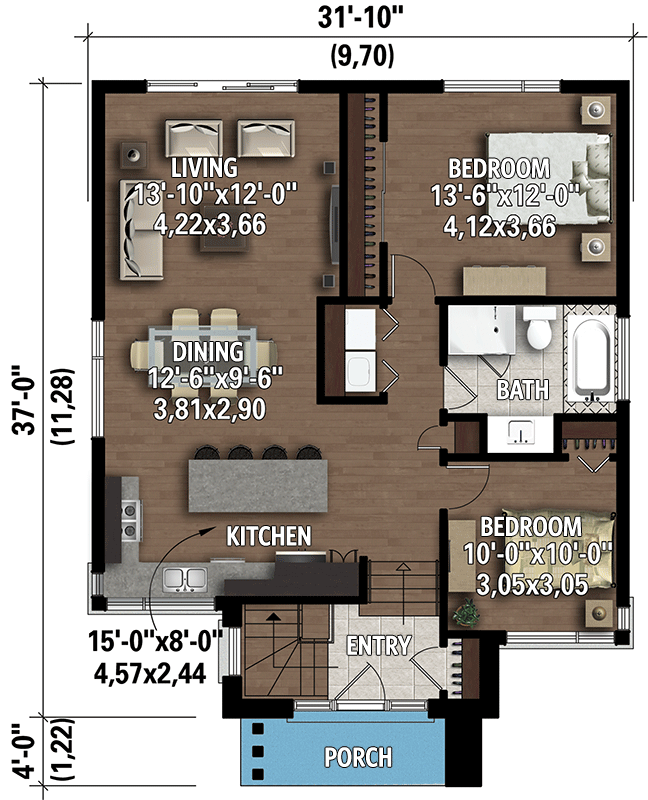 Plan 80990PM: 2 Bed Contemporary Prairie-Style House Plan Under 1100 ...