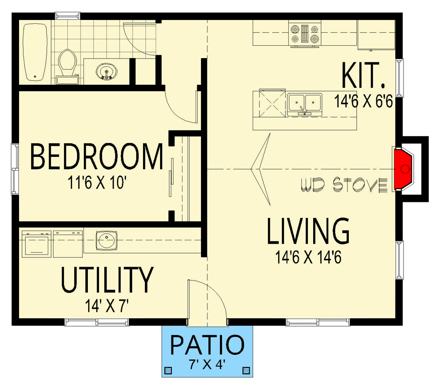 Plan 267097SPK: Cozy Cabin House Plan with Wood Stove and Patio