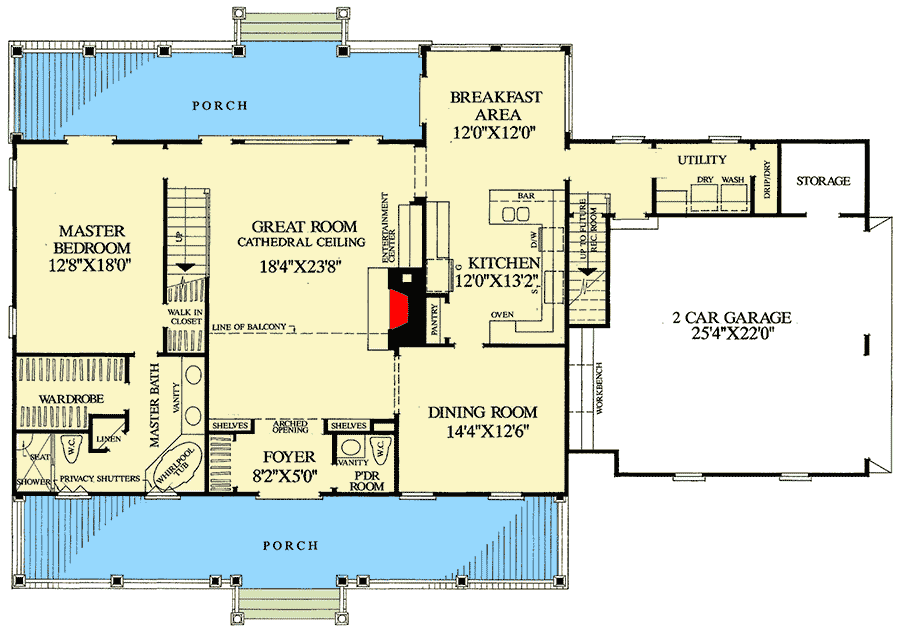Three Bedroom House Plan With Porches In Front And Back 32489WP Three Bedroom House Plan With Porches In Front And Back 32489WP