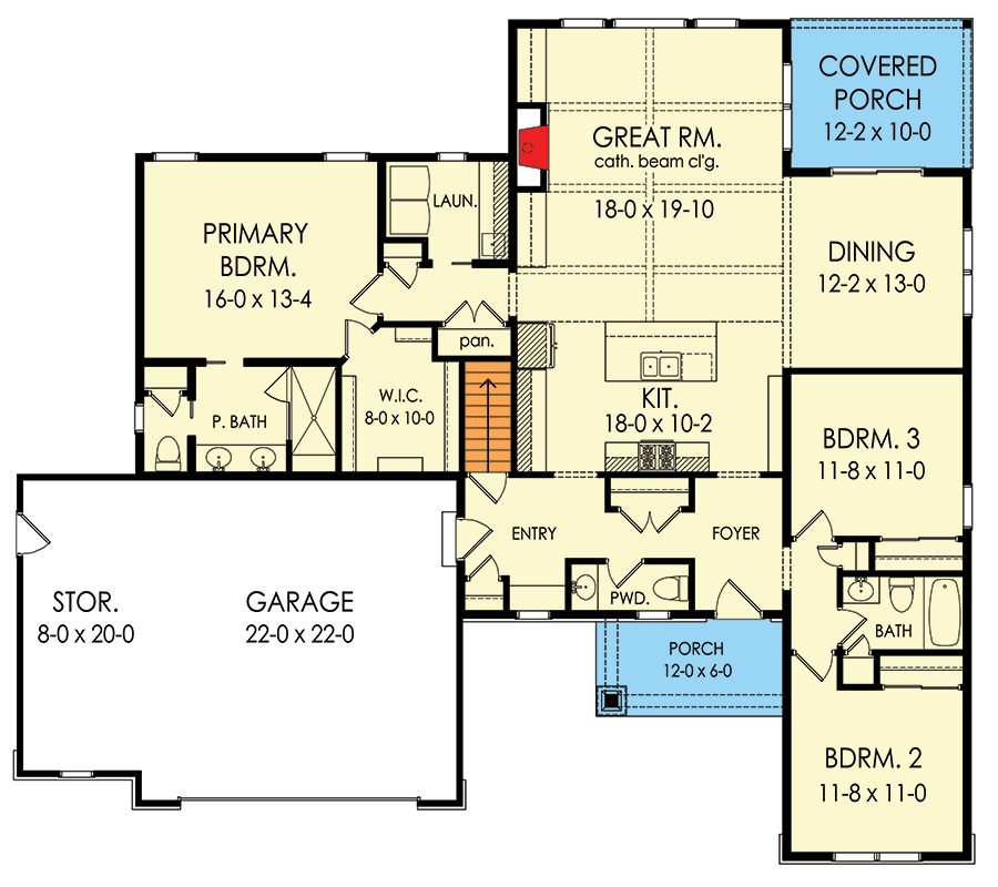 Spacious 3-Bedroom Ranch House Plan with Front and Rear Porches ...