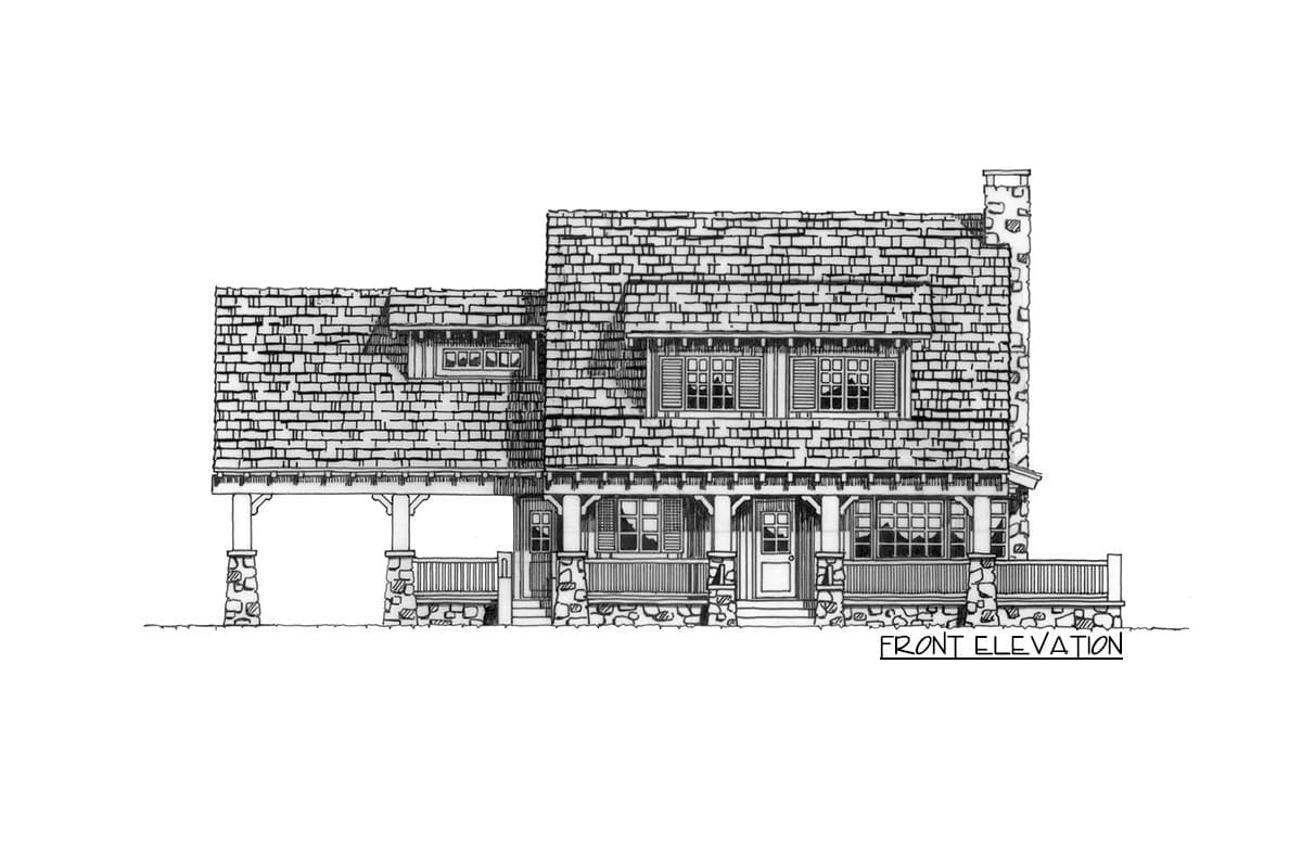 Front elevation house plan featuring a stone chimney, layered rooflines, a covered porch with stone piers, and multiple windows.