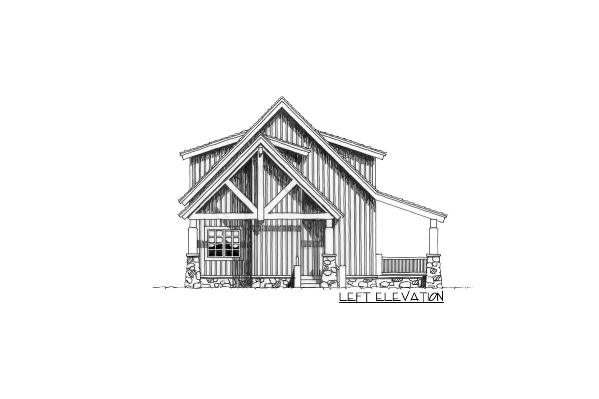 Left elevation drawing of a two-story house plan with a prominent gable, covered porch, and stone base.